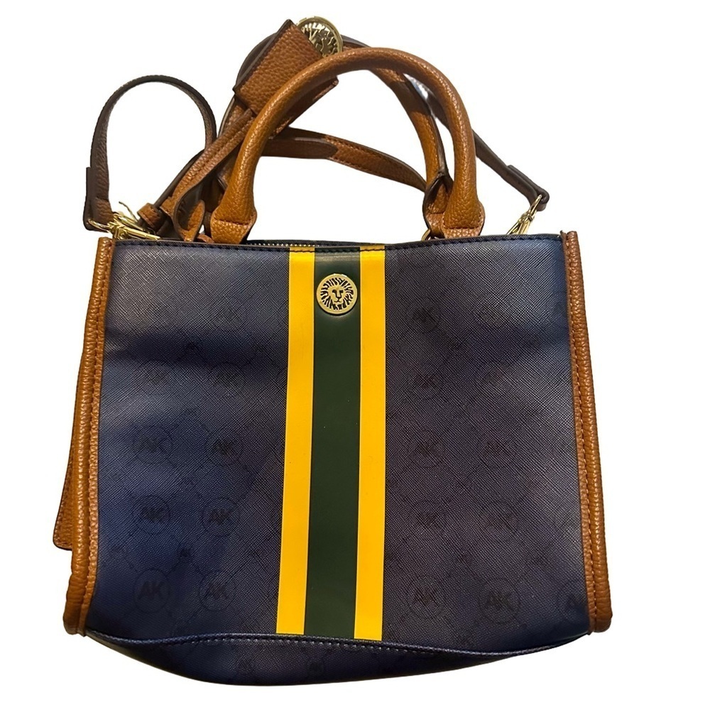 Anne Klein Vegan Leather Stylish Brown Blue Gold Zip Handbag Shoulder Bag